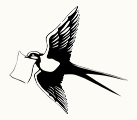 Swallow with paper card. Vector drawing