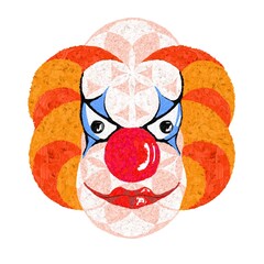 Clown head isolated on white background. Merry smiles. Drawn with colored paints by hand. Circus illustration. Piece of art