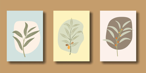 Collection of contemporary art posters in pastel colors. Abstract geometric elements and strokes, modern style design