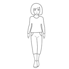 A young woman is walking down the street. Flat hand drawn cartoon character. Vector, black and white illustration