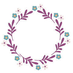 Purple pink yellow turquoise flower wreath, floral border vector