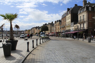 the boulevard of dieppe with historical buildings along the big sea port at the french coast in normandy - obrazy, fototapety, plakaty