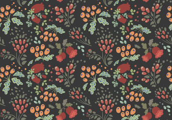 Floral seamless pattern. Botanical print on black background. - 488232414