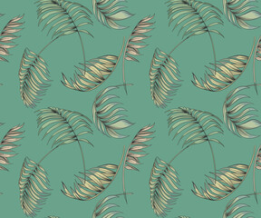 Flying palm leaves on green background. Vector seamless pattern.