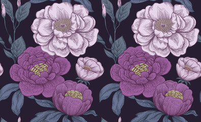 Chic floral print. Pink roses and peonies on black background. Vintage seamless pattern. - 488232418