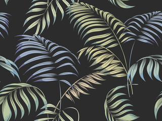 Flying tropical leaves on black background. Tropical seamless pattern. - 488232419