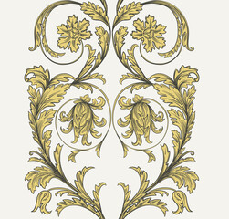 Gold ornament with flowers. Print with baroque swirls. Vintage vector. - 488232420