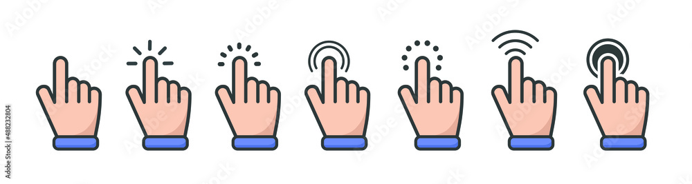 Poster vector cartoon finger. touch or click icon mouse cursor in various gestures for mobile touch screen 