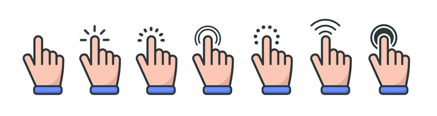 Obraz premium Vector cartoon finger. Touch or click icon mouse cursor in various gestures for mobile touch screen devices. 