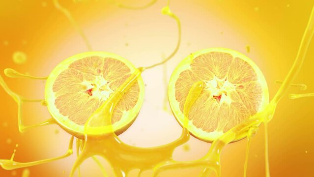 Fresh orange fruit squirting with juice in slow motion 4K