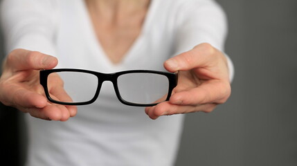 woman holding glasses on display with grey background stock photo
