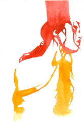 Watercolor abstract splash, colorful color gradient. Red, orange and yellow colors. Illustration in fashion style. Portrait of a girl with flowing hair and bare shoulder. Print for the beauty industry