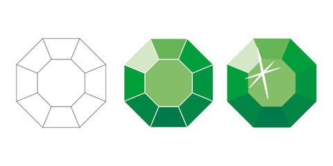 Drawing in vector of a green gem in the shape of an octagon. Three stages of drawing in gems vector. Green gem for creating children's games.