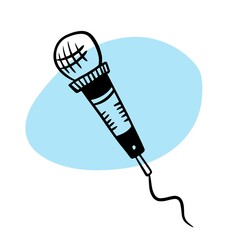 Vector black and white illustration of a lineart wired microphone in a cartoon, hand-drawn style.