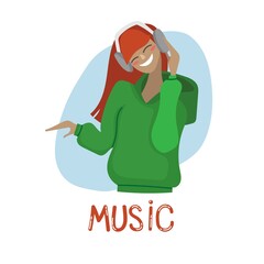 A flat illustration of a girl in headphones listening and dancing to music in a cartoon, hand-drawn style.