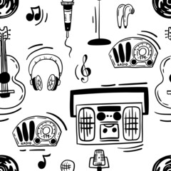 Vector seamless pattern about music, tape recorder, radio and headphones in a cartoon hand-drawn style.