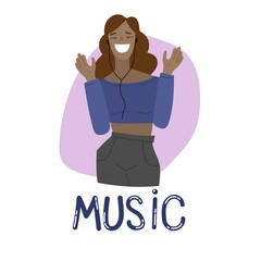 A flat illustration of a girl in headphones listening and dancing to music in a cartoon, hand-drawn style.
