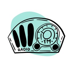 Vector black and white illustration of a vintage radio set in a cartoon, hand-drawn style.