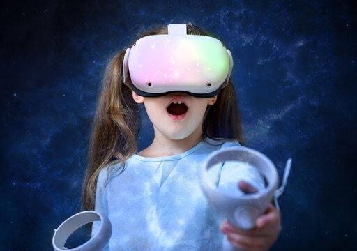 Kid using virtual reality headset, cute child looking in VR glasses