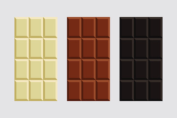 White, Milk and Dark Black Chocolate Bar Icon Set Closeup Isolated on grey Background. Design Template. Chocolate bar package packaging blank pack vector illustration background design. 