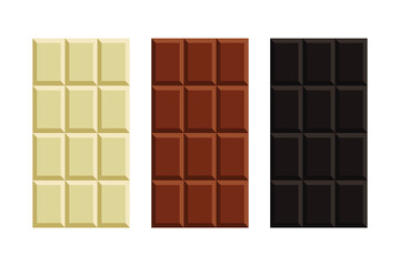 White, Milk and Dark Black Chocolate Bar Icon Set Closeup Isolated on White Background. Design Template. Chocolate bar package packaging blank white pack set vector illustration background design. 