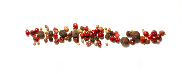 mix of different peppers balls isolated on white background, macro. Red, black