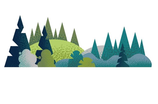Vector simple landscape. Composition with nature and trees. Coniferous forest with fir trees and shrubs. Flat minimal style with texture