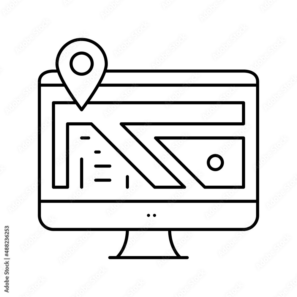 Poster computer monitor map location line icon vector illustration