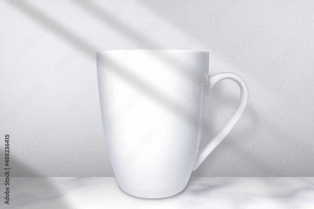 Poster white cup on white studio background. empty cup mockup. side view. blank ceramic mug with shadow. 3d