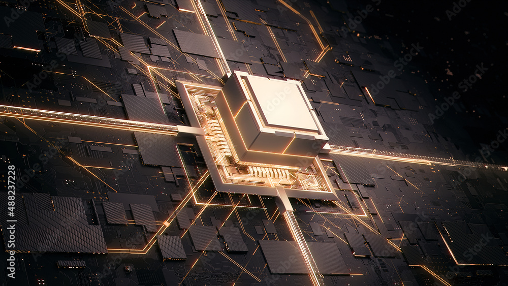 Fototapete concept illustration shows the process of turning on the cpu in the motherboard. digital pulses and 