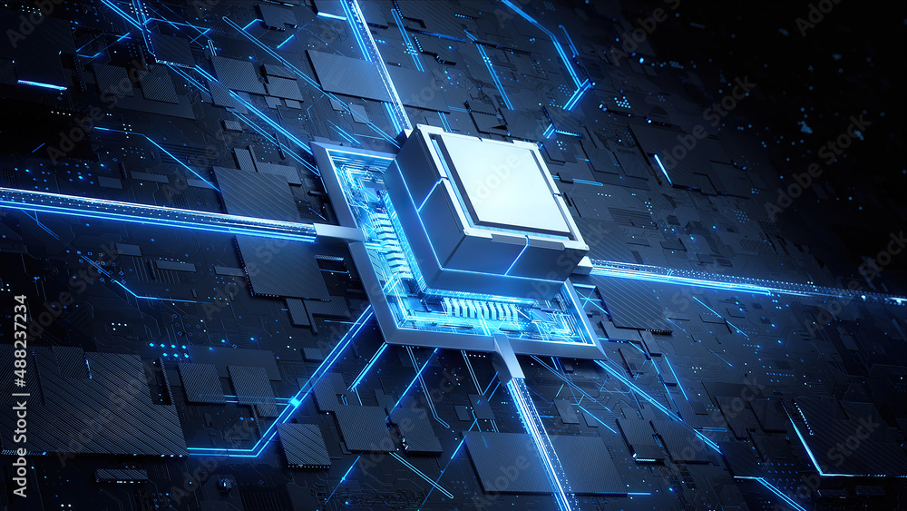 Fototapete concept illustration shows the process of turning on the cpu in the motherboard. digital pulses and 
