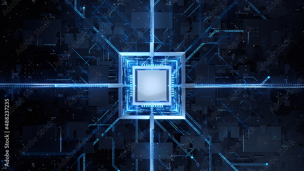 Fototapete concept illustration shows the process of turning on the cpu in the motherboard. digital pulses and 
