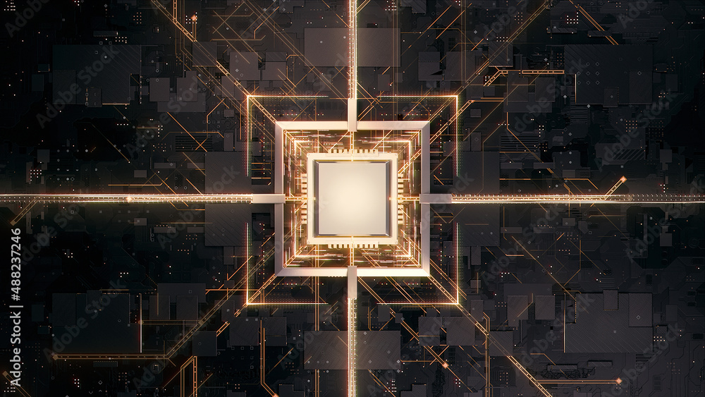 Fototapete concept illustration shows the process of turning on the cpu in the motherboard. digital pulses and 