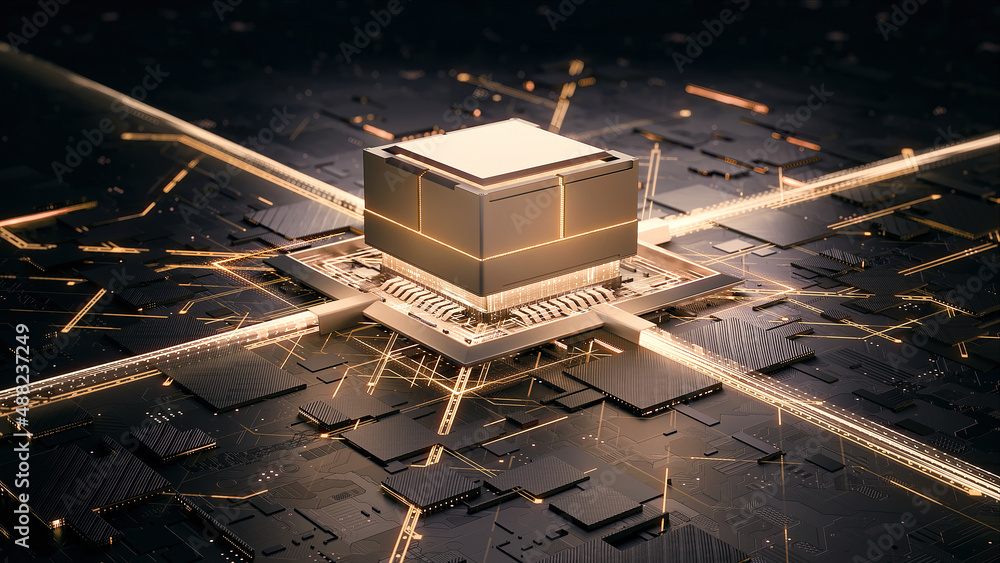 Fototapete concept illustration shows the process of turning on the cpu in the motherboard. digital pulses and 