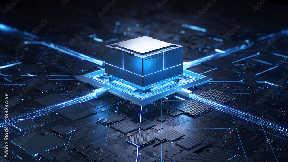 Fototapete concept illustration shows the process of turning on the cpu in the motherboard. digital pulses and 