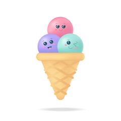 Cute 3d cartoon ice cream cone with face emotions. Vector stock illustration. 