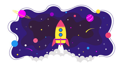 Rocket takeoff on the background of outer space. Startup concept. Cosmonautics Day. Vector stock illustration in flat style. 
