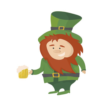 Irish leprechaun in green suit and hat with beer isolated. Vector St. Patricks day symbol with mug of beer