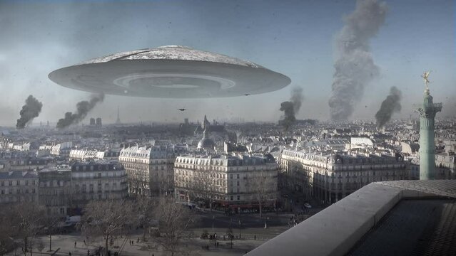 Alien ufo mothership over destroyed paris city
Massive spaceship over Paris France with jets flying, alien invasion concept

