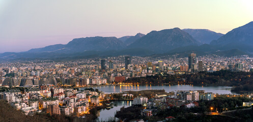 Albania, Tirana city east view, morning before sunrise, winter

