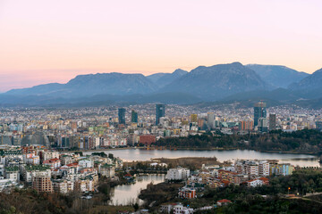 Albania, Tirana city east view, morning before sunrise, light of