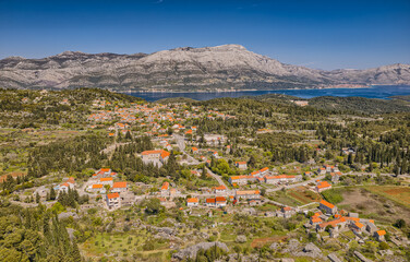 Aerial shot of the small village Zrnovo in Korcula island of Croatia