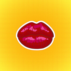 Kiss - womans lips. Hot sexy red kissed. Beautiful kiss icon on dotted halftone background. Vector illustration in retro pop art or comics style. Modern sticker
