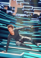 A 3d digital render of a young man leaping through a room full of lit up boxes and panels.