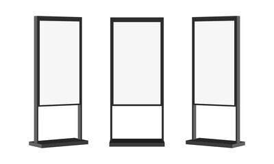 Advertising Display Screen Mockup, LCD Digital Signage, Front and Side View, Isolated on White Background. Vector Illustration