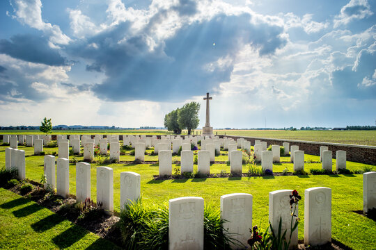 view of the Great War cemetery with sunbeams from the sky