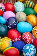 Fototapeta na wymiar Beautiful colourful handmade easter eggs. Great idea to decorate your Easter eggs. Happy Easter.
