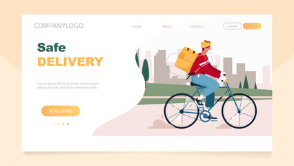 Safe delivery concept, bike delivery service, male courier character wearing mask riding bicycle with delivery box landing page. Bicycle courier on city landscape. Vector illustration in flat style.