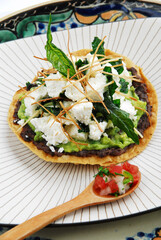 Mexican toast with beans, guacamole, pico de gallo and fresh cheese, typical Mexican food