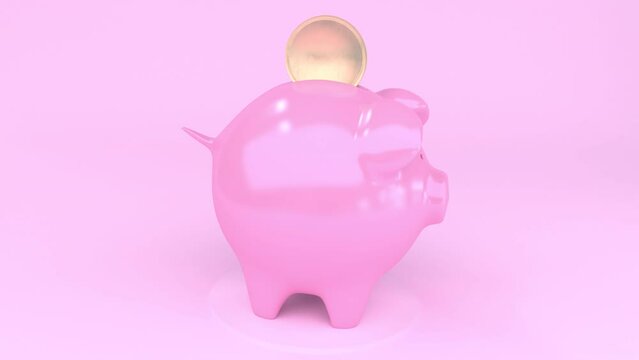 Rotating piggy bank on pink background.
